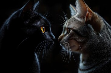 Black cat and striped tabby face-to-face in dramatic low light, their intense curious gazes and whiskers highlighted against a dark background