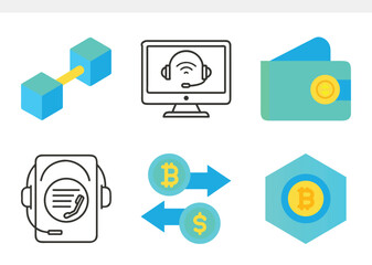 Modern vector icon set depicting digital finance, cryptocurrency exchange, online customer support, and data connection, ideal for web and mobile app interfaces and digital projects
