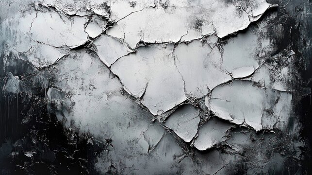 close-up of cracked and peeling plaster layers on a weathered monochrome wall, rough textured surface conveying dramatic moody decay - Powered by Adobe