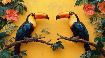 Fototapeta premium Two vibrant toucans perched on branches among lush tropical leaves and orange flowers against a textured yellow background, bright and serene