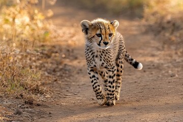 Obraz premium young cheetah cub walking on a sunlit dirt path through dry grass with a curious, determined expression and warm golden light