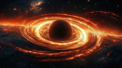 fiery orange accretion disk swirling around a dark black hole in deep space, starry background and glowing nebulae conveying awe and ominous cosmic power