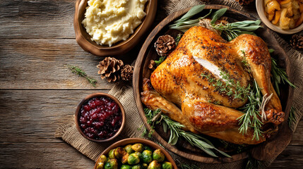 Overhead shot of a thanksgiving turkey dinner with sides on a rustic wooden table