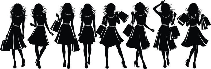 Women Shopping Silhouettes Vector Collection, Female Fashion Shoppers Poses with Bags, Black and White Figures for Sale, Style, Retail, and Leisure Concepts, Group of Modern Girl Out for a Day o