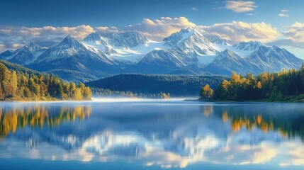 Calm mountain lake reflecting snow-capped peaks, evergreen and autumn forest with morning mist under blue sky and soft clouds, serene and majestic