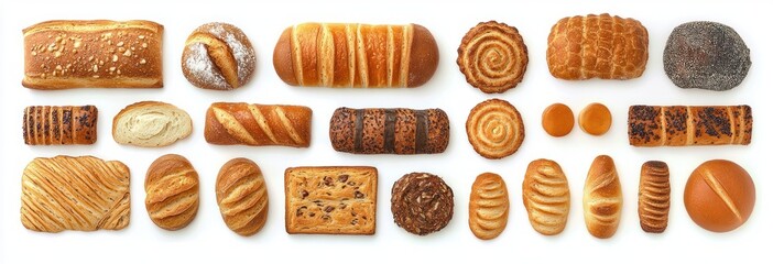 assortment of golden breads and pastries including loaves, rolls, buns, twists and swirls with seeds and flaky crusts arranged on white background, warm and appetizing