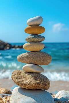 stacked smooth beach stones balanced on pebbled shore with turquoise sea and clear blue sky, evoking calm and seaside serenity