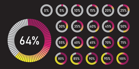 Set of colorful circle percentage diagrams for infographics, 0 5 10 15 20 25 30 35 40 45 50 55 60 65 70 75 80 85 90 95 100 percent. Vector illustration. Minimalistic template. Realistic modern design.