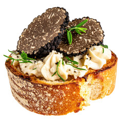 Elegant truffle bruschetta on crostini isolated on white background, perfect for creating transparent pngs for upscale menus