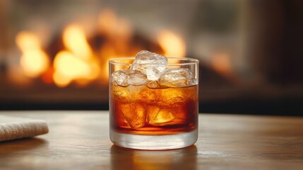 Tumbler glass of amber whiskey on the rocks with large ice cubes on a wooden table, warm fireplace glow in the background creating a cozy, relaxing atmosphere