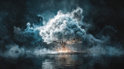 Dramatic Explosion of a Tree in Water with Fire and Smoke in Night Sky