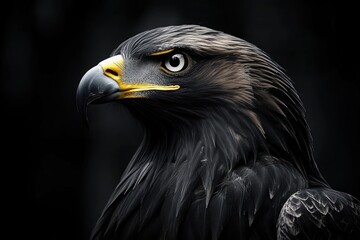 Fototapeta premium Majestic dark-feathered eagle in close-up profile with piercing eye and yellow hooked beak, dramatic lighting and intense regal expression