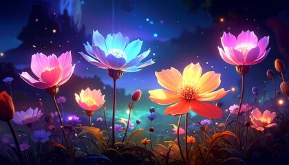 Illuminated fantasy flowers in a meadow at dusk