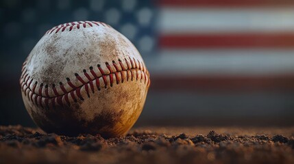 Worn dirt-stained baseball resting on a dusty infield with a blurred American flag in the background, evoking nostalgic patriotic pride