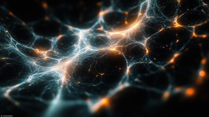 Ethereal glowing filament web of blue and orange nodes over dark voids, shimmering electric strands and sparks evoking mystery and awe