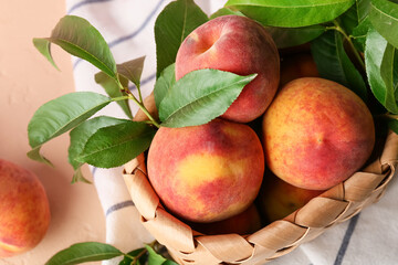 Wicker basket of fresh peaches on pink background, closeup