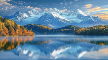 snow-capped mountain range reflected across a calm alpine lake with autumn forests and gentle mist, evoking serene tranquility and awe