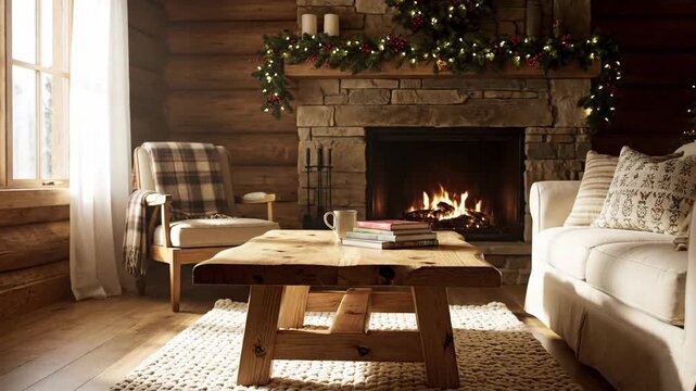 Cozy log cabin living room with a roaring fireplace and Christmas decorations, perfect for a winter retreat