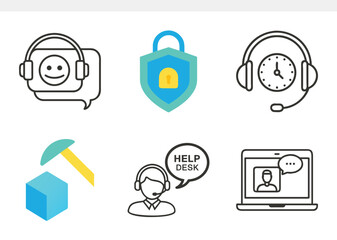 Modern vector icons illustrating customer support, help desk, online communication, data security, and efficient service delivery, perfect for web design, mobile apps, and business presentations