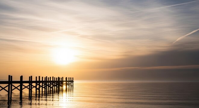 Silhouette of an old wooden pier extending into the calm water of a lake or sea during a dramatic golden sunset with bright sun flare and wispy clouds in the sky
