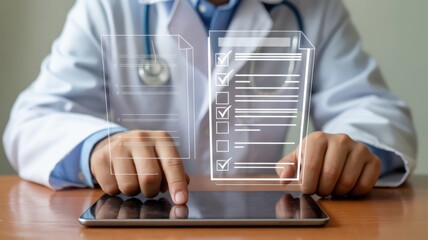 Medical professional interacts with digital patient record forms displayed over a tablet device