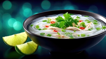 A close-up shot of a steaming bowl of chicken pho soup, garnished with fresh cilantro, chopped green onions, and chili peppers, served with lime wedges on the s