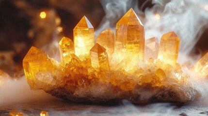 glowing amber crystal cluster on a rocky matrix surrounded by swirling mist, emitting warm luminous light and a mystical, awe-inspiring atmosphere