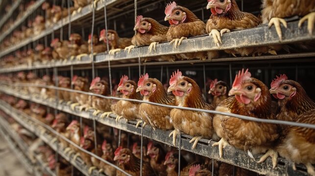 rows of brown hens packed into stacked metal cages inside a dim poultry barn, appearing cramped and anxious in a crowded industrial egg farm