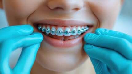 close-up of a person's lower face and chin with teal medical gloves gently holding the mouth, calm clinical assessment