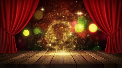 Enchanting theatrical stage illuminated by a shimmering golden light explosion and festive bokeh, framed with opulent red velvet curtains, ready for a magical performance or grand reveal