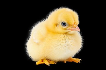 Fototapeta premium Adorable fluffy baby chick with bright blue eyes on black background
