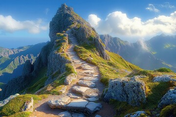 stone stair path winding up a rocky mountain ridge to a sunlit peak with green alpine slopes, distant jagged peaks under blue sky and fluffy clouds, evoking adventure and serenity