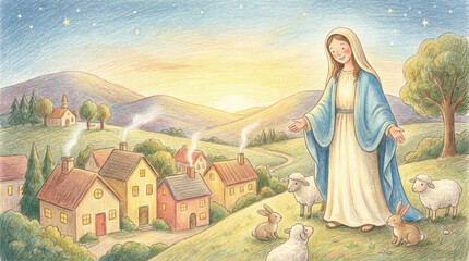 Naklejka premium Serene illustration of Mary, sheep, and rabbits in a peaceful village under a starlit sky, radiating hope and tranquility, perfect for conveying a sense of Christmas wonder and spiritual peace