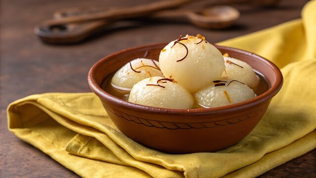Soft khoya rasgulla soaked in syrup, styled in a clay bowl over a yellow cloth and brown background.