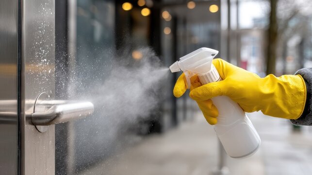 Yellow gloved hand spraying disinfectant on stainless steel door handle, showcasing cleanliness and hygiene in public spaces during health awareness
