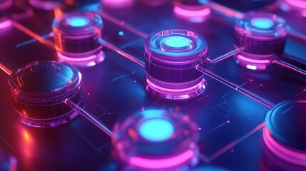 Vibrant neon circular modules connected by translucent lines on a glossy circuit grid, glowing blue and magenta, conveying a futuristic energetic digital network