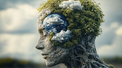 stone human profile with tree root texture, moss and foliage crown revealing a globe and drifting clouds inside, serene contemplative environmental mood