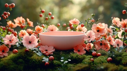 pastel pink ceramic bowl nestled among peach wildflowers, red berries and soft green moss in a serene sunlit garden scene