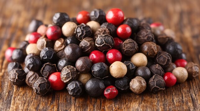 Assorted peppercorns on a wooden surface