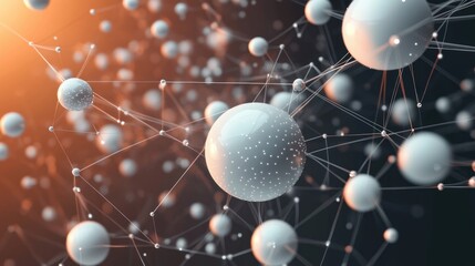 Glossy connected spheres and tiny glowing nodes linked by thin lines in an abstract 3d network, warm light and dark background conveying a futuristic scientific and dynamic mood