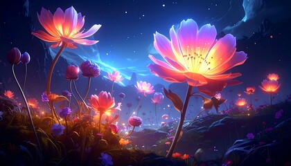 Glowing flowers in a moonlit fantasy scene