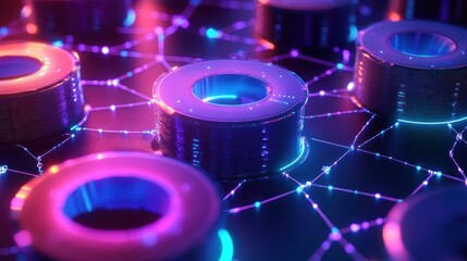glowing neon torus rings connected by a pulsing node network, illuminated in pink and blue, futuristic and mysterious high-tech atmosphere