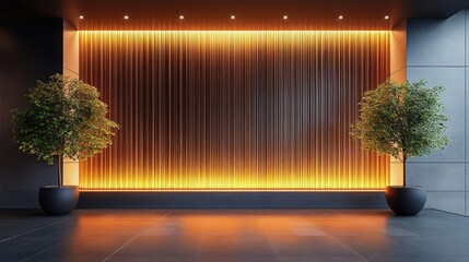 symmetrical modern interior with glowing vertical slatted backlit wall, warm orange ambient light, two potted trees in round planters on dark tiled floor, elegant inviting calm mood