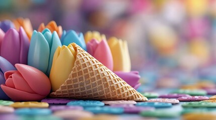 A close-up shot of a cluster of colorful, pastel-colored tulips. One tulip is partially enclosed in a waffle ice cream cone. The background is a soft, blurred b