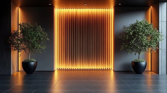 Symmetrical modern lobby with two potted trees flanking a warm vertical amber light wall, dark tiled floor and a calm sophisticated atmosphere