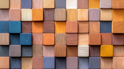 A close-up, overhead view of a grid of colorful wooden cubes with varied wood grain textures and muted tones, illuminated by warm, soft light.