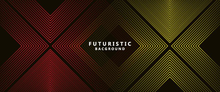 3D red yellow techno abstract background overlapping layers in dark space with arrow line effect decoration. Modern graphic design element striped style concept for web cover, flyer, card or brochure.