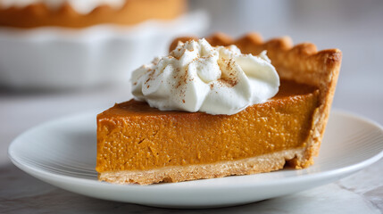 A slice of pumpkin pie with whipped cream on a white plate close up view food shot