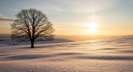Solitary deciduous tree standing prominently in a vast, snowcovered field during a brilliant, warm sunset or sunrise, casting long shadows across the textured, frosty ground