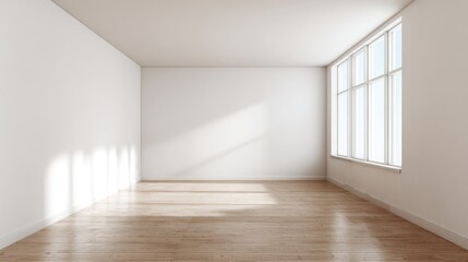 Obraz premium A bright, empty room with wooden flooring and large windows, allowing natural light to illuminate the space.